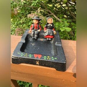 Vintage Black Cast Iron Ashtray with Amish Couple